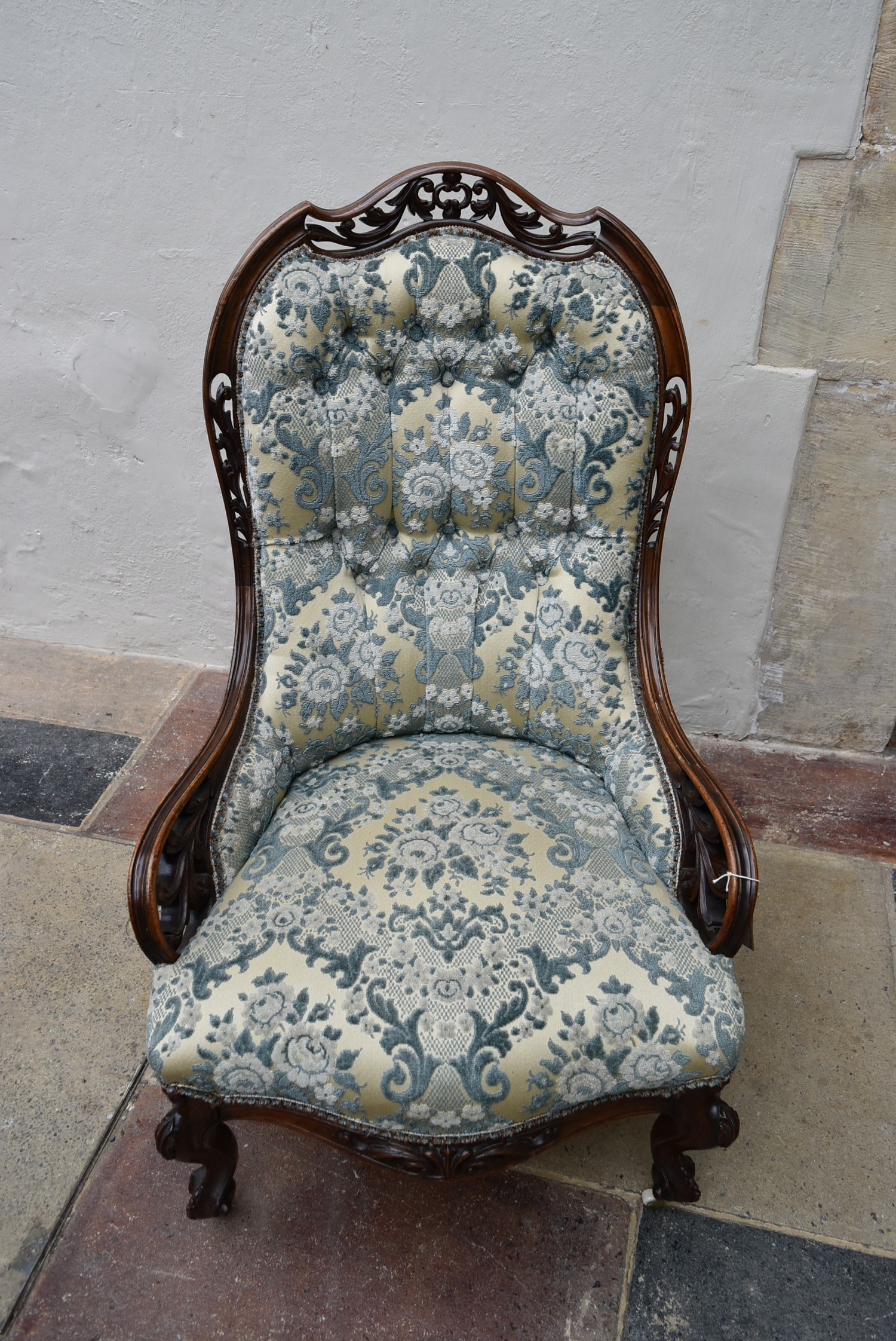 A Victorian mahogany nursing chair with carved and pierced back rail on cabriole supports in deep - Image 3 of 6