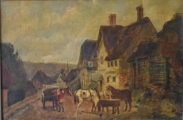 After D Wolstenholme, gilt framed oil on canvas, village scene with inn and horses, Witwell,
