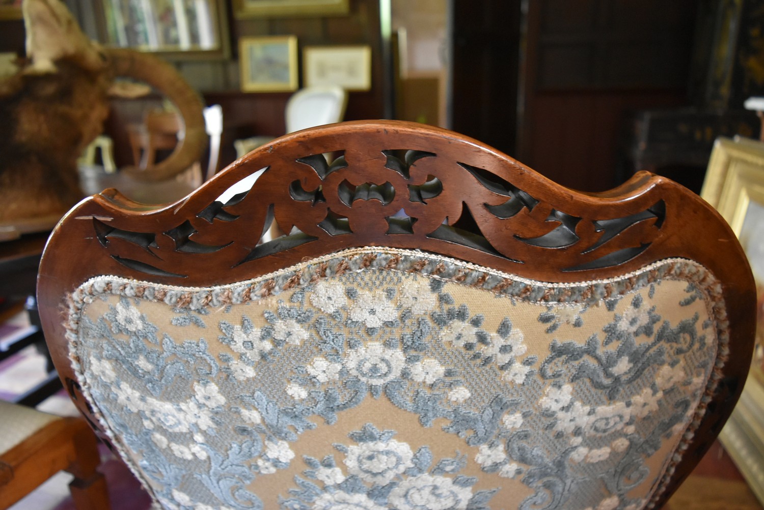 A Victorian mahogany nursing chair with carved and pierced back rail on cabriole supports in deep - Image 6 of 6