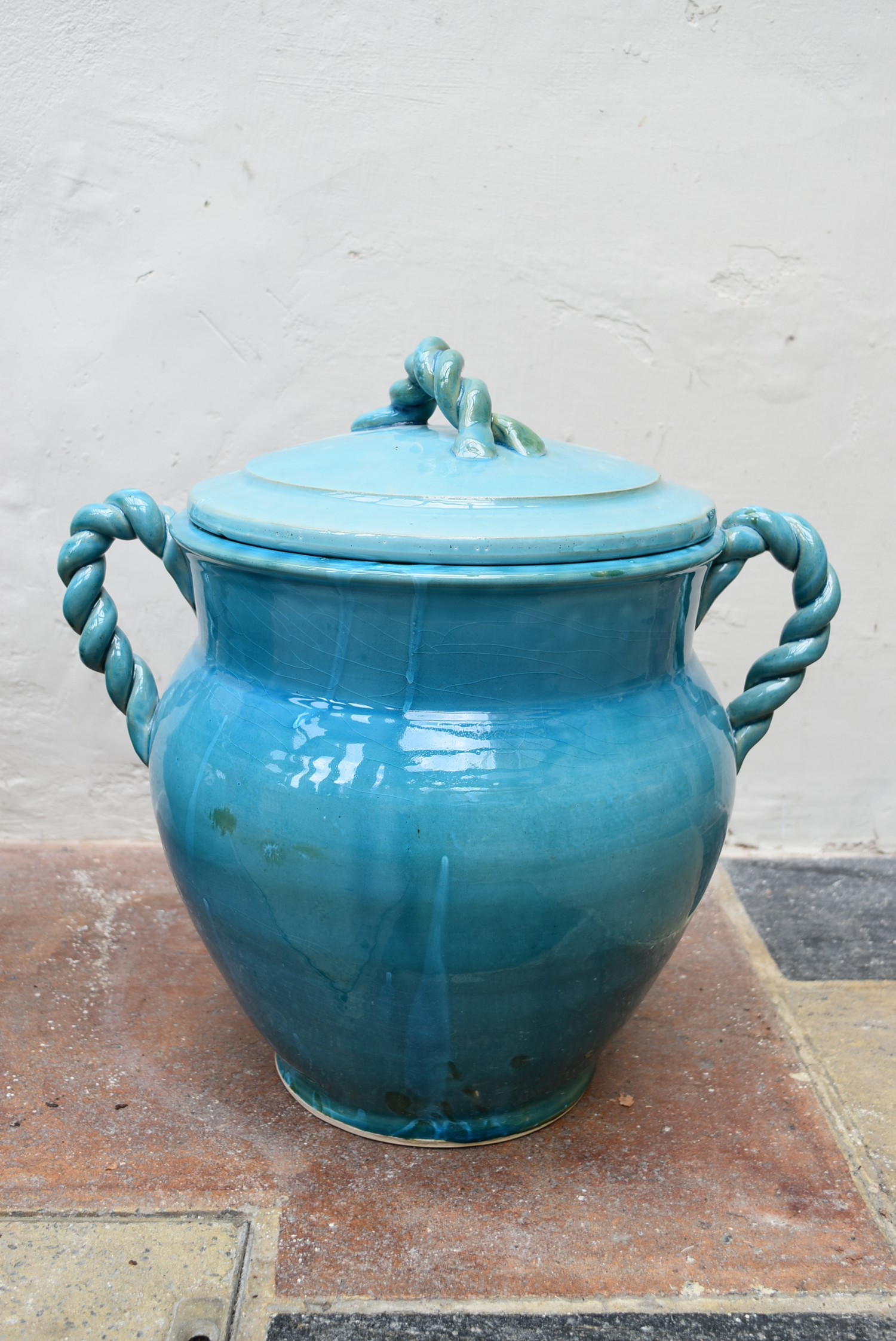 A pair of Eastern turquoise glazed lidded storage pots with twin rope design handles. H.47 x Dia. - Image 3 of 5