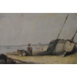 A 19th century framed and glazed watercolour, fishing boats on a beach with figures, monogrammed