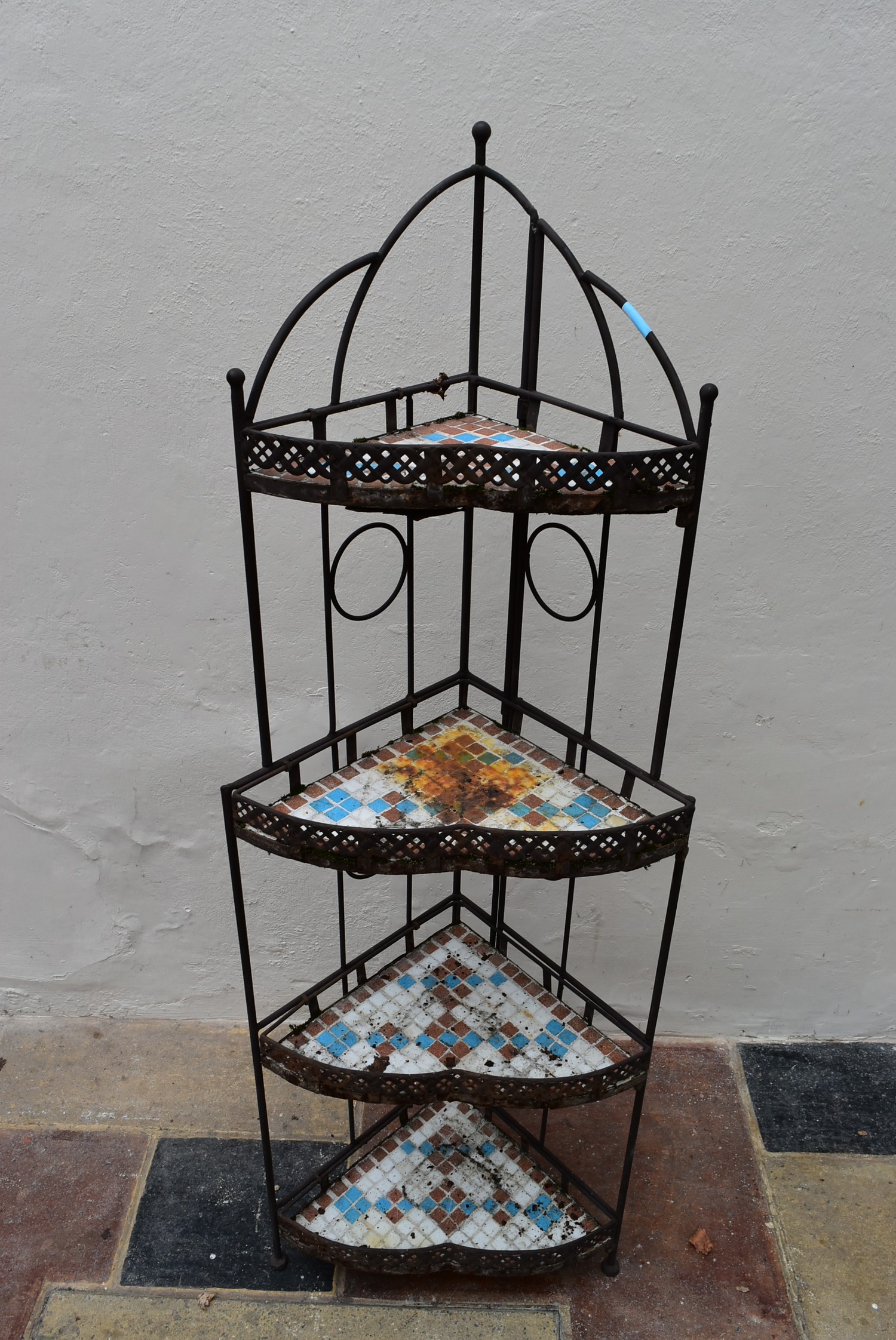 A wrought metal framed four tier corner whatnot with inlaid mosaic tiled shelves. H.138 x W.30cm - Image 2 of 4