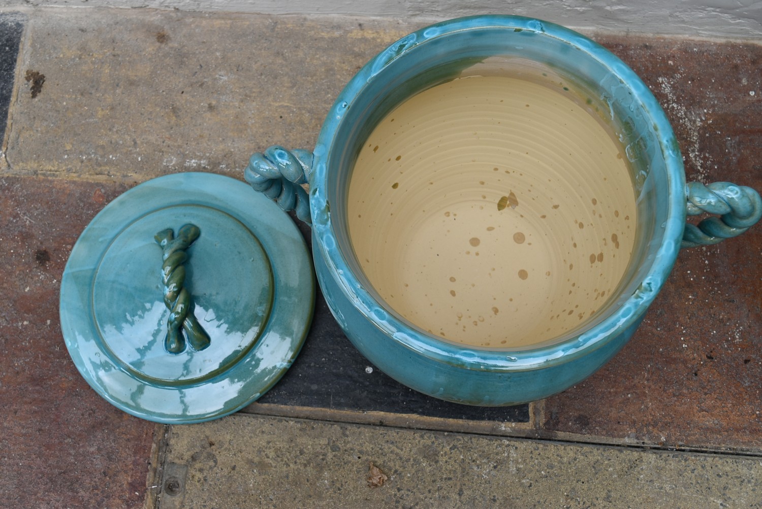 A pair of Eastern turquoise glazed lidded storage pots with twin rope design handles. H.47 x Dia. - Image 5 of 5