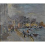 Harold Harris Jones (1908-1991), a gilt framed and glazed oil on board, the waterfront at