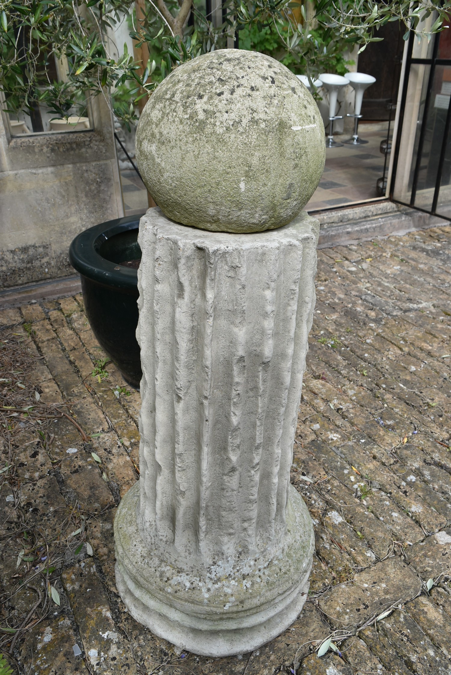 A moulded concrete classical column style plinth with weathered spherical finial. H.128cm - Image 2 of 3