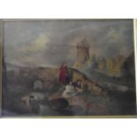 An early 19th century gilt framed oil on tin, figures by a bridge in a rural village setting with