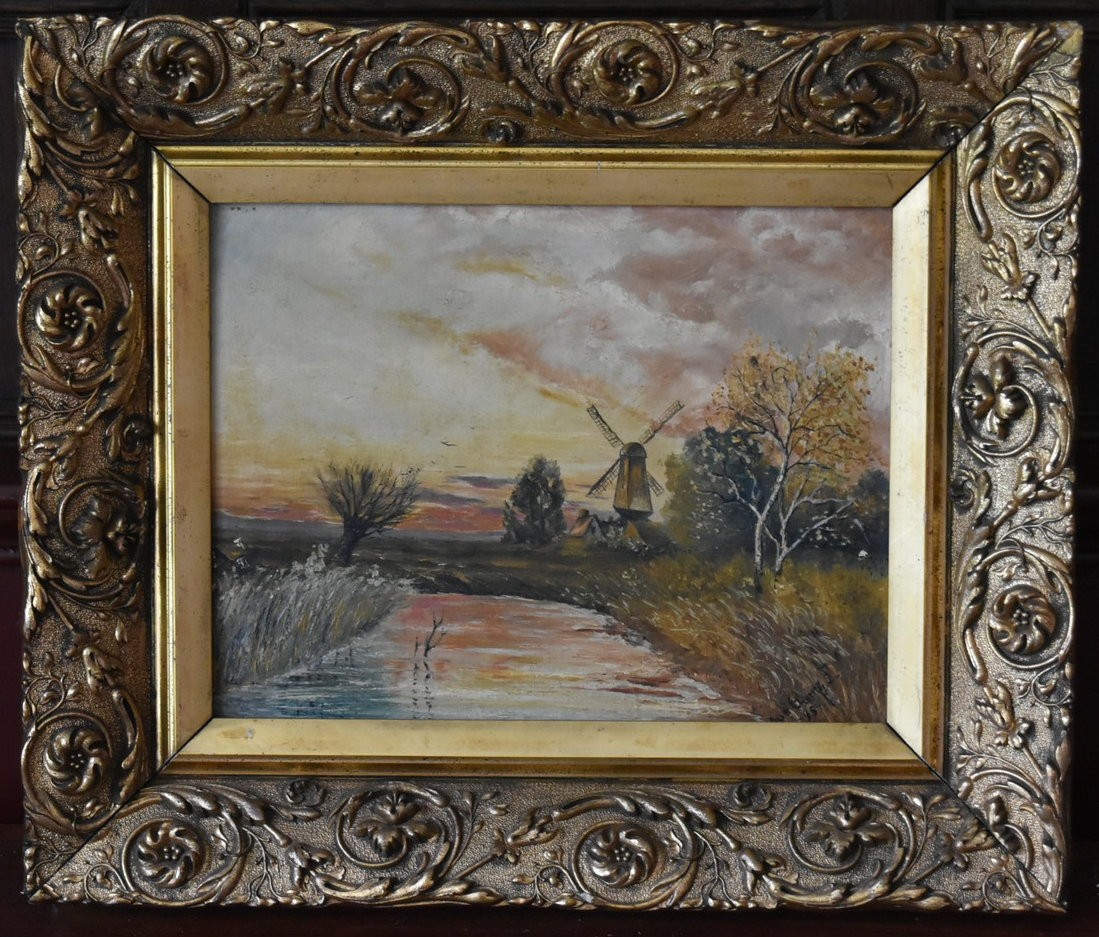 An oil on board, Dutch riverscape, indistinctly signed and dated bottom right in ornate gilt - Image 2 of 4