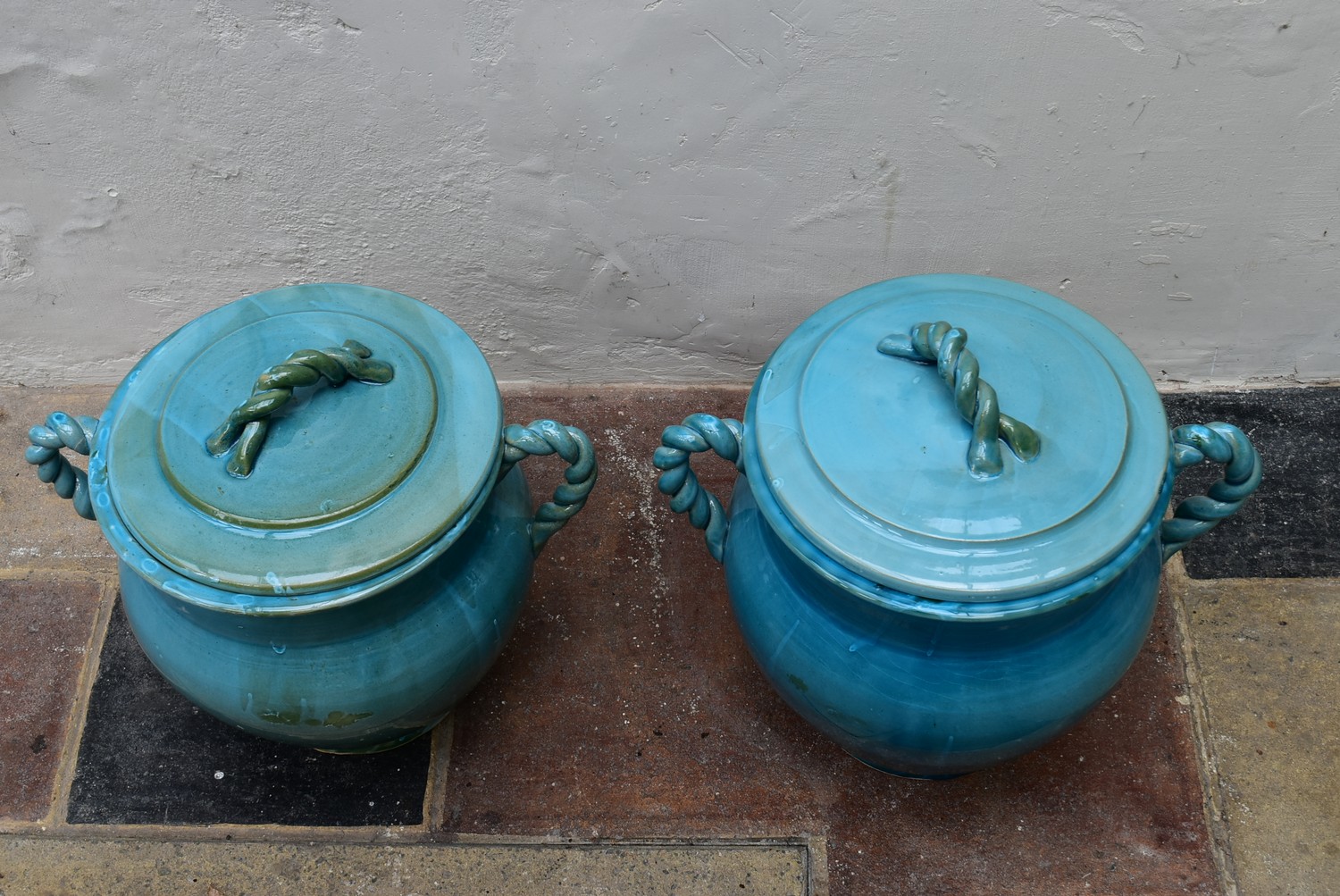 A pair of Eastern turquoise glazed lidded storage pots with twin rope design handles. H.47 x Dia. - Image 4 of 5