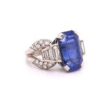 A 1950s Vintage sapphire and diamond ring mounted in platinum. French. Circa 1960. The central