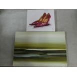 Two contemporary unframed oils on canvas, a seascape and a study of shoes, indistinctly signed and