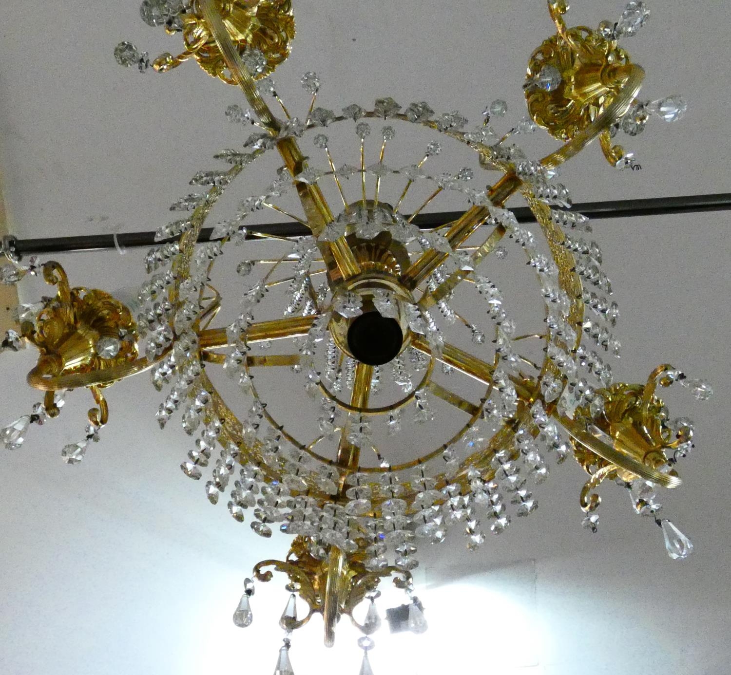 A pair of gilt metal five branch chandeliers with crystal drops. H.80 D.44cm - Image 7 of 10