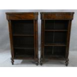 A pair of 19th century figured mahogany dwarf open bookcases fitted with adjustable shelves