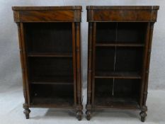 A pair of 19th century figured mahogany dwarf open bookcases fitted with adjustable shelves