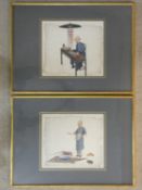 Two framed and glazed antique Chinese rice paper paintings of Chinese merchants. H.42 W.57cm