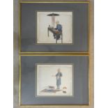 Two framed and glazed antique Chinese rice paper paintings of Chinese merchants. H.42 W.57cm