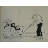 A framed and glazed Larry original cartoon, ink on paper, signed by artist. H.22 W.27cm