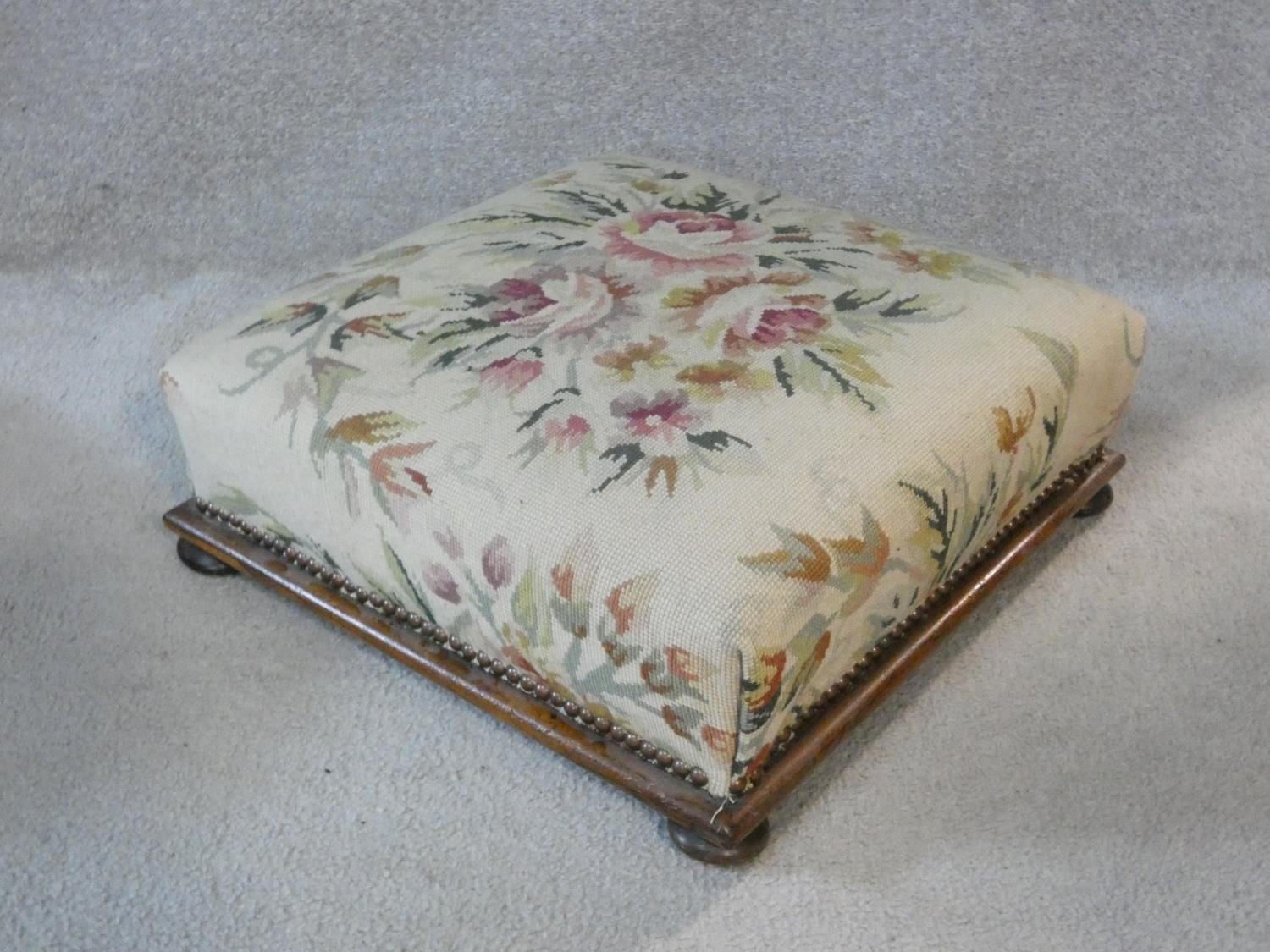 A 19th century mahogany footstool in tapestry upholstery on bun feet. H.16 L.44.5 W.44.5cm - Image 4 of 4