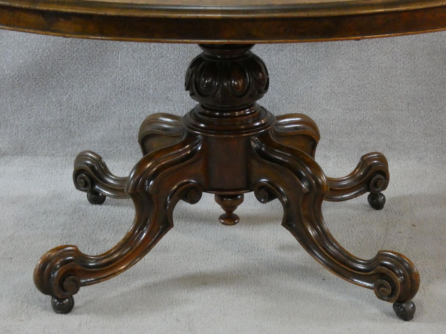 A Victorian burr walnut tilt top dining table on quatreform carved swept supports. H.72 L.137 W. - Image 3 of 4