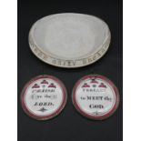 An antique gilded 'Give Us This Day Our Daily Bread' ceramic plate along with two Maling style