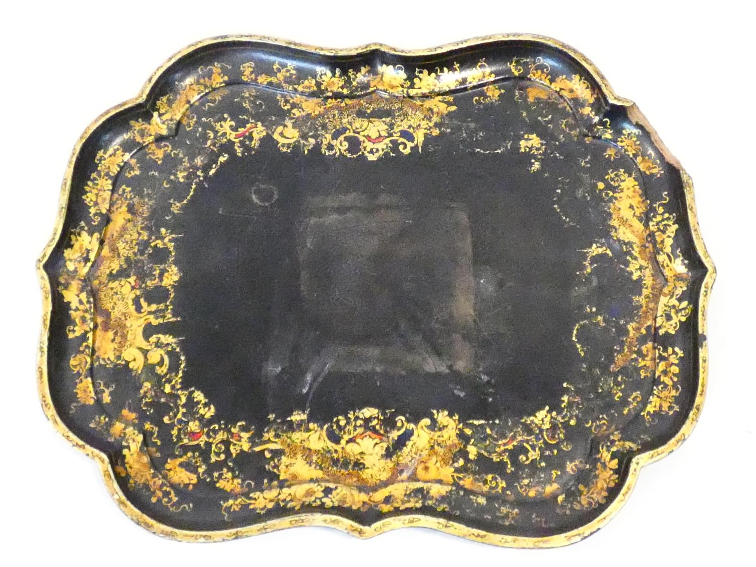 A 19th century black lacquered papier mache tray with gilt floral painted decoration and a similar - Image 2 of 9