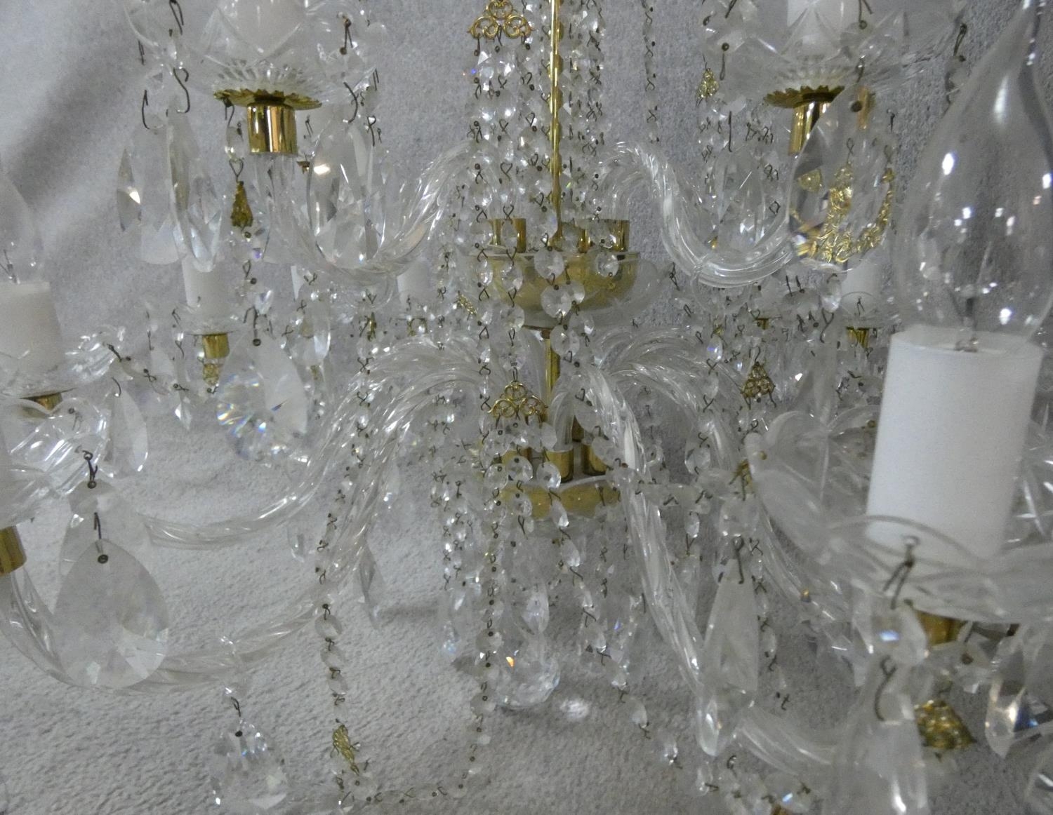 A large Czech crystal glass and brass mounted chandelier with fifteen twisted glass stem branches, a - Image 5 of 8