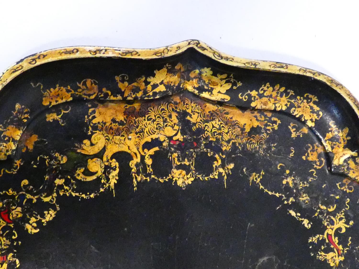 A 19th century black lacquered papier mache tray with gilt floral painted decoration and a similar - Image 4 of 9