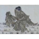 A framed and glazed antique Indo-Persian silk painting of a young couple in love, with gilded