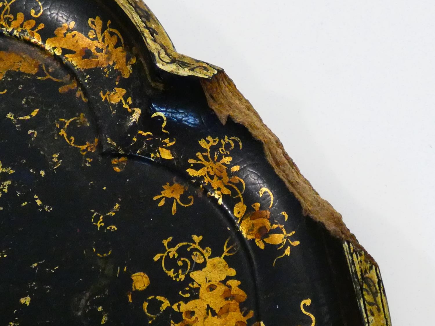 A 19th century black lacquered papier mache tray with gilt floral painted decoration and a similar - Image 5 of 9