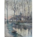 A framed and glazed watercolour of a village river scene, titled 'Emael', signed Jos Lambresier.