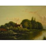 A gilt framed 19th century oil on canvas, river landscape. H.52 W.32cm