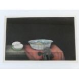 A framed and glazed signed mezzotint by Japanese artist Tomoe Yokoi, depicting a bowl, half an apple