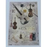 A framed and glazed signed aquatint etching by American M J Wells, Violins, signed by artist. H.