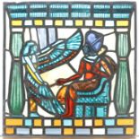 An Egyptian Revival period panel of leaded and stained colored glass. Depicting a Pharaoh being