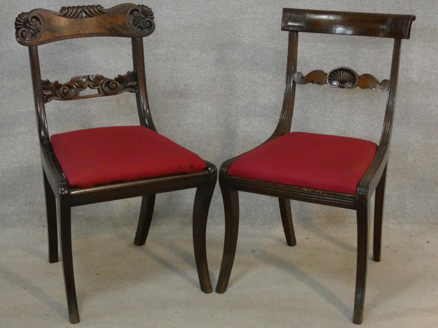 A set of six Regency mahogany bar back dining chairs with shell carving to the backs above drop in - Image 2 of 6