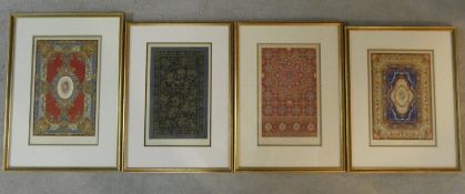 Four 19th century framed and glazed hand coloured plates of various carpet designs. Incuding