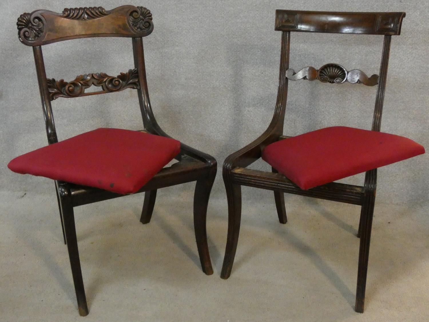 A set of six Regency mahogany bar back dining chairs with shell carving to the backs above drop in - Image 6 of 6