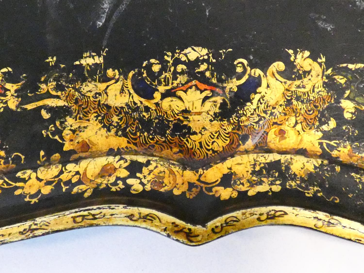 A 19th century black lacquered papier mache tray with gilt floral painted decoration and a similar - Image 3 of 9