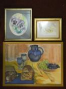 Three framed and glazed pictures, two watercolours and one oil and pastel on board. One depicting