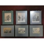 A collection of six framed and glazed antique engravings of satirical cartoons. Three are hand