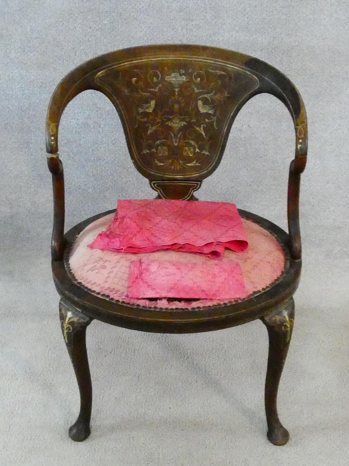 A late 19th century mahogany tub armchair with satinwood and ivory inlay on cabriole supports. H. - Image 2 of 10