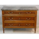 A late 19th century French walnut marble topped commode with three long drawers, brass handles and