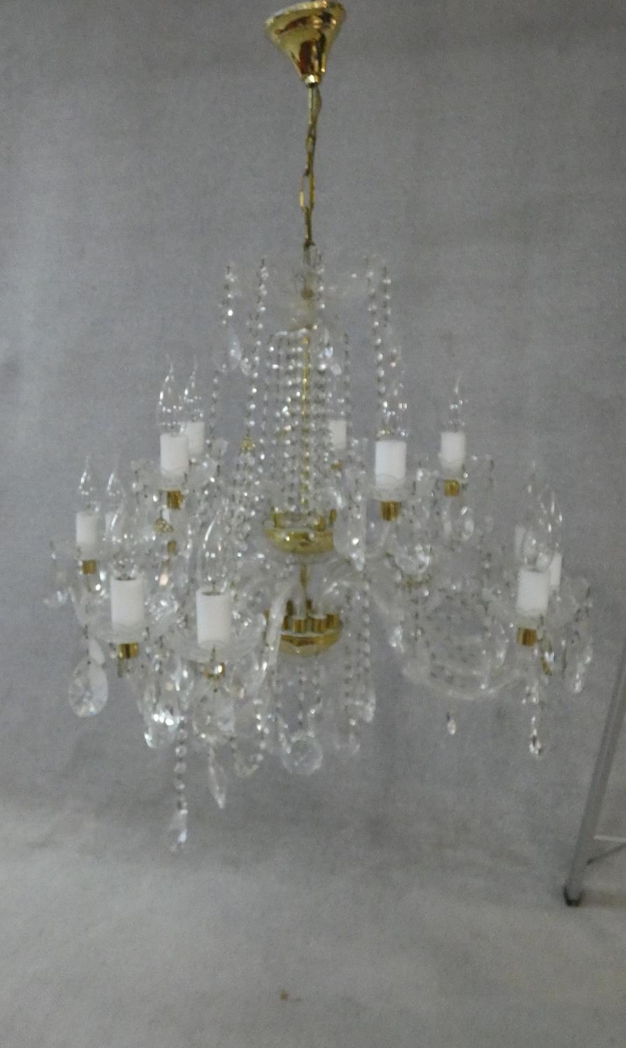 A large Czech crystal glass and brass mounted chandelier with fifteen twisted glass stem branches, a - Image 3 of 8