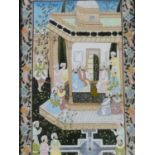 A 20th century framed and glazed Indo-Persian silk painting of a court scene. Surrounded by a floral