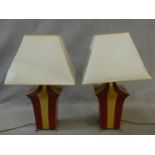 A pair of shaped and painted table lamps on brass lion's paw feet. H.74cm