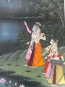 A Large framed and Indo-Persian silk painting of Indian deity by a lake with Lotus flowers and