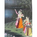 A Large framed and Indo-Persian silk painting of Indian deity by a lake with Lotus flowers and