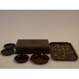 Four Japanese lacquer dishes decorated with flowers and birds, an Indian floral design tray and an