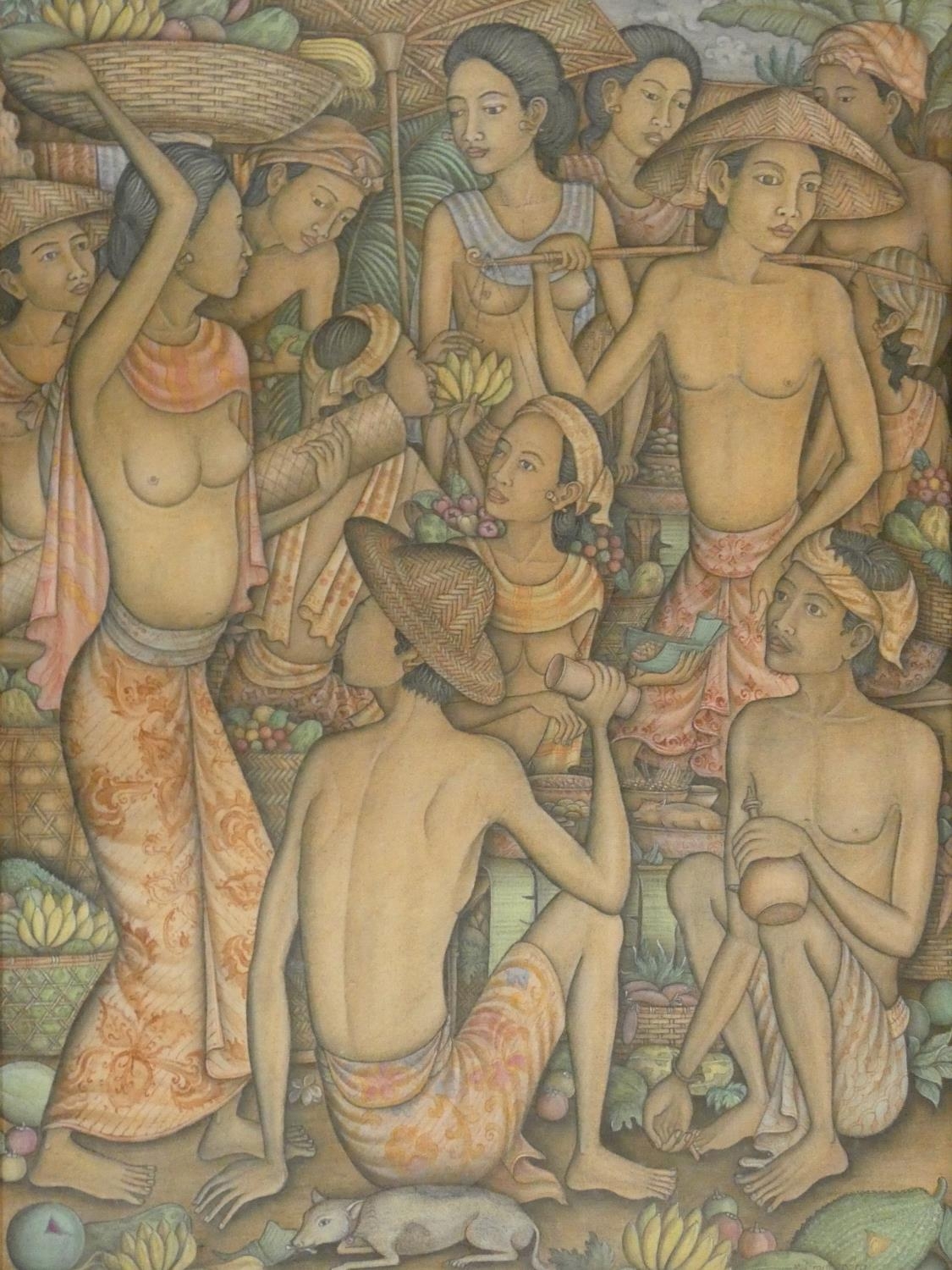 A framed acrylic on canvas attributed to Indonesian artist Made Suarsa, titled and dated 1997.