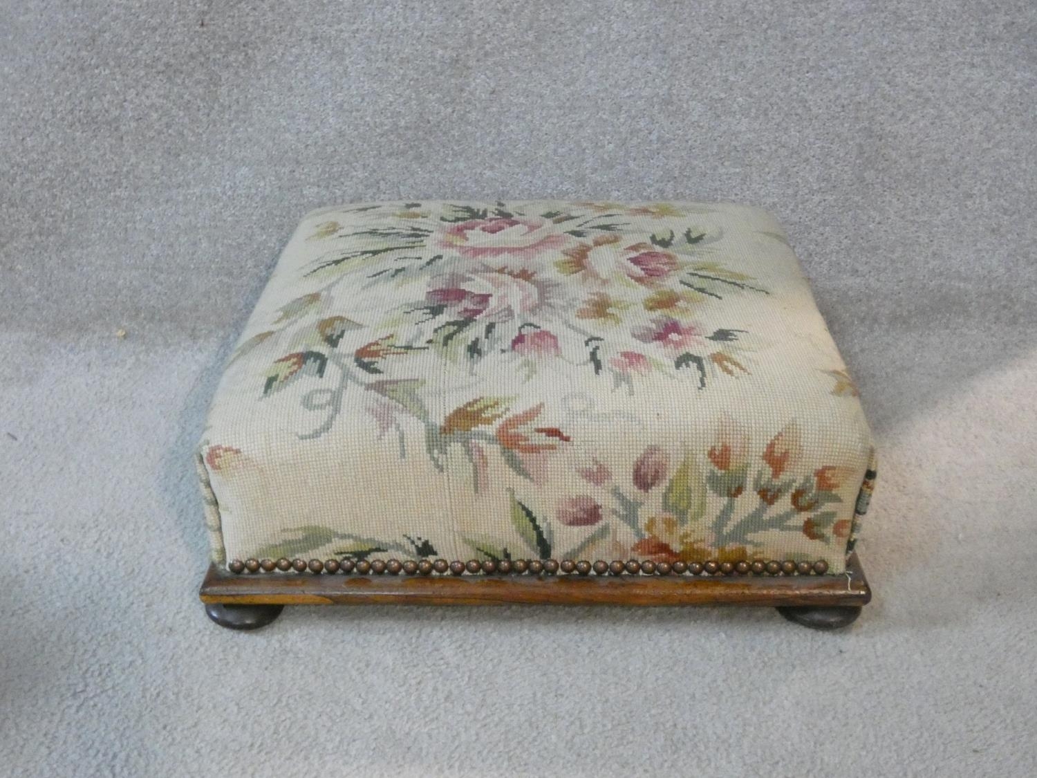 A 19th century mahogany footstool in tapestry upholstery on bun feet. H.16 L.44.5 W.44.5cm - Image 3 of 4