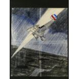 A framed and glazed pen and colour crayon study of a war bi-plane in a search light. H.51 W.44cm